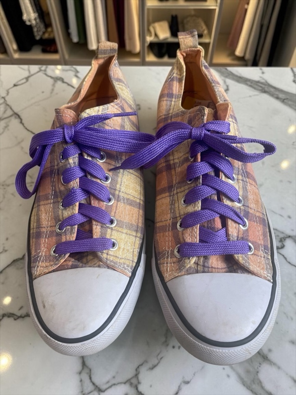 Twisted Plaid Sneakers in Peach Plaid with Purple Laces women’s size 11